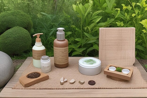 Zaprezentuj wybór organicznych produktów do pielęgnacji skóry i artykułów spa na drewnianej desce z spokojnym ogrodem zen