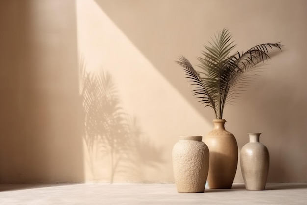 Zaprojektuj biały beżowy beton cienie wazon światło słoneczne dekoracje ścienne wnętrze domu Generative AI