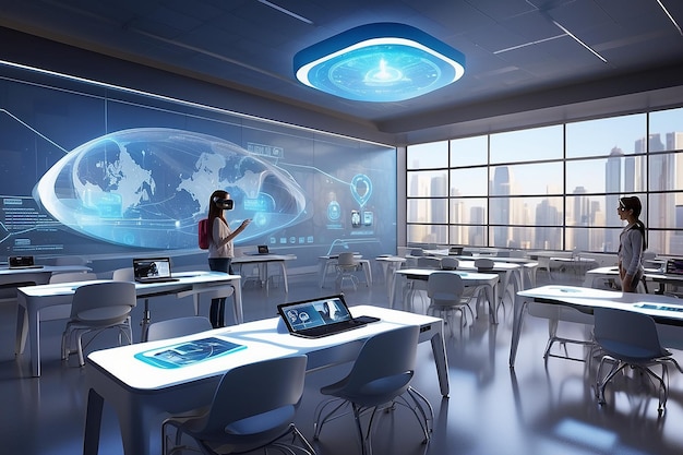 Zaprojektuj futurystyczną klasę, w której znajdują się holograficzne wyświetlacze