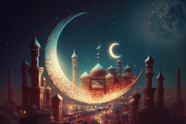 Zaprojektuj Ilustrację Woskującego Półksiężyca, Który Zapoczątkuje święty Miesiąc Ramadanu, Wygenerowany Przez Sztuczną Inteligencję