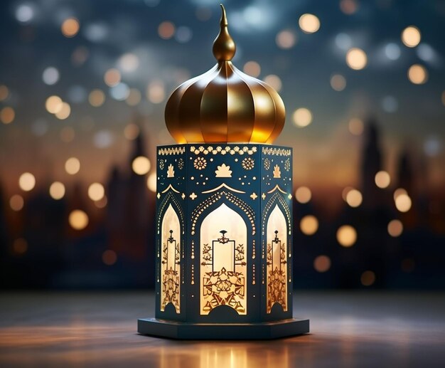 Zaprojektuj kapryśną latarnię z zabawnymi wzorcami i kształtami z senną rozmytą sceną meczetu w tle To może nadać festiwalny i radosny wibracje projektowi