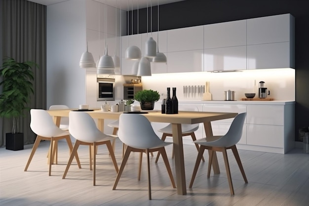Zaprojektuj meble kuchenne do domu nowoczesny stół krzesło modna jadalnia wnętrze domu Generative AI