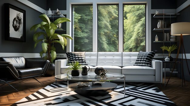 Zaprojektuj nowoczesny salon z elegancką czarną skórzaną kanapą, szklanym stolikiem do kawy i uderzającym geometrycznym dywanem Generative Ai
