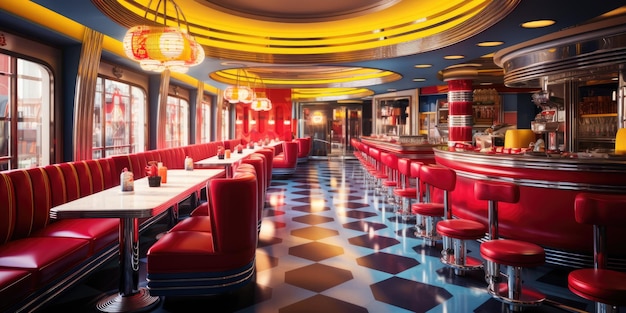 Zaprojektuj restaurację w stylu retro z kabinami winylowymi, neonowymi światłami i vintage jukeboxem.