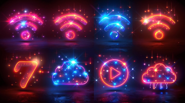 Zaprojektuj serię neonowych symboli internetowych, w tym oświetlone WiFi