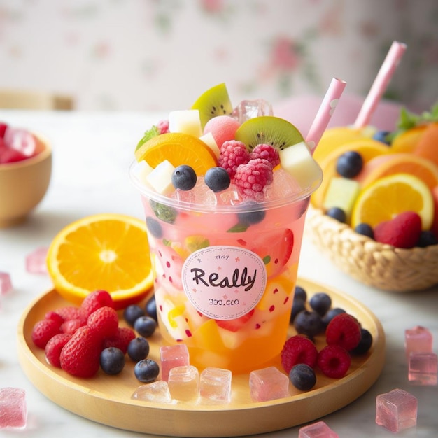 Zaprojektuj zdjęcie pysznego i pysznego soku koktajlowego z zimnymi, słodkimi, świeżymi kawałkami owoców