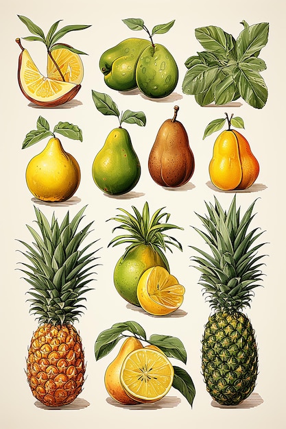 Zaprojektuj zestaw akwarelowych obrazów clipart w jakości HD, przedstawiających różne owoce tropikalne, takie jak mango, kiwi