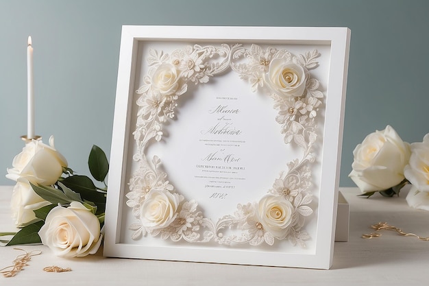 Zaproszenie na ślub lub zaproszenie na wieczór panieński biała drewniana rama ozdobiona kwiatami puste miejsce na tekst