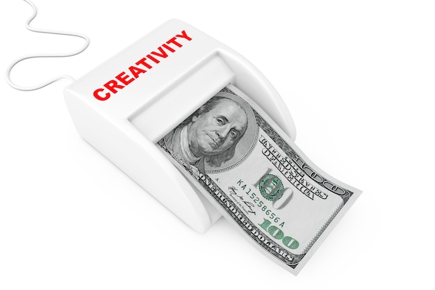 Zarabiaj Pieniądze Dzięki Koncepcji Kreatywności. Maszyna Kreatywność Money Maker Z Banknotów Dolarów Na Białym Tle. Renderowanie 3d