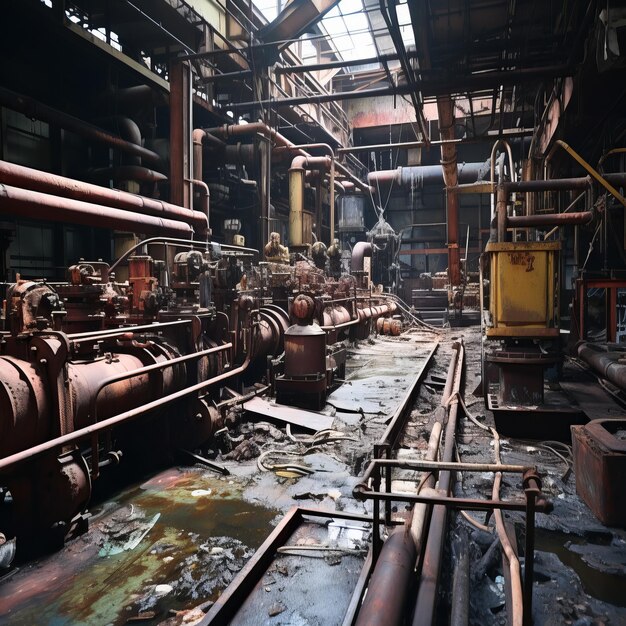 Zardzewiałe, opuszczone budynki fabryczne z uszkodzonymi maszynami