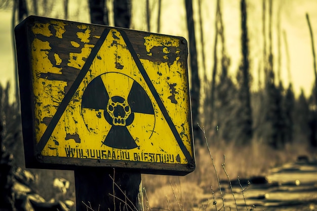 Zdjęcie zardzewiały metalowy znak na słupie w obszarze zagrożenia promieniowaniem