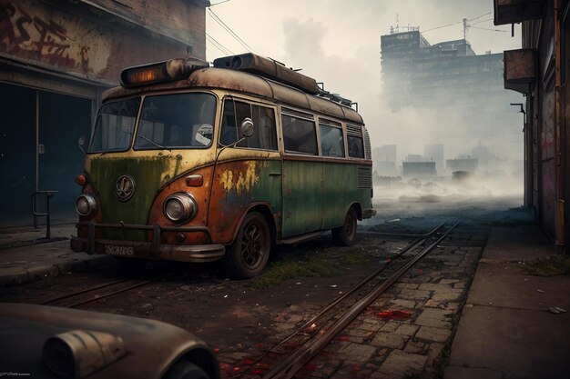 Zardzewiały stary autobus jest zaparkowany przed budynkiem, z którego wydobywa się dym.