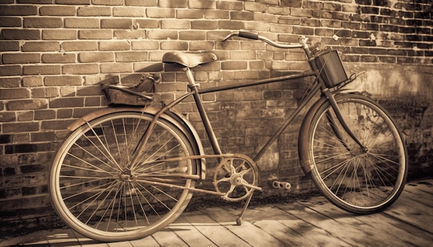 Zardzewiały stary rower opiera się o ścianę z cegły wygenerowaną przez sztuczną inteligencję