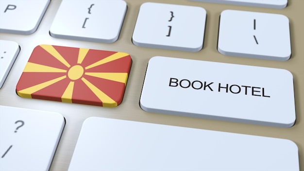 Zarezerwuj hotel w Macedonii Północnej ze stroną internetową Przycisk na klawiaturze komputera Koncepcja podróży 3D