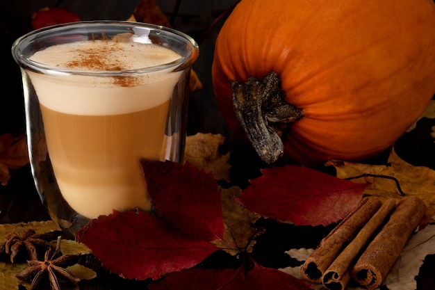 Zdjęcie Żaroodporny szklany kubek z cappuccino lub latte i dojrzałą dynią