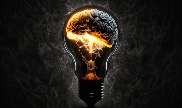 Żarówka i ludzki mózg z wewnątrz żarówki to świetlisty ludzki mózg na ciemnym tle Generacyjna sztuczna inteligencja