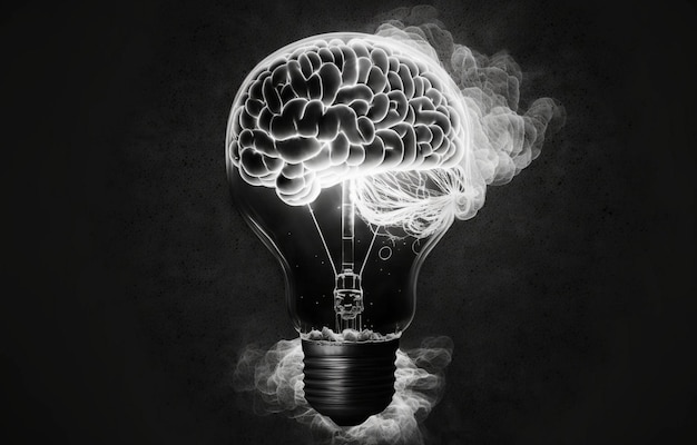 Żarówka i ludzki mózg z wewnątrz żarówki to świetlisty ludzki mózg na ciemnym tle Generacyjna sztuczna inteligencja