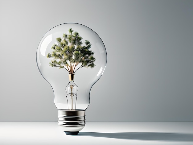 Żarówka z liśćmi, kiełkami drzew lub roślinami, żarówka ekologiczna, lampa oszczędzająca energię generowana przez sztuczną inteligencję