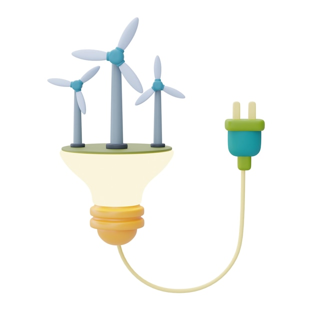 Żarówka z turbiną wiatrową i wtyczką Alternatywne źródło energii elektrycznejSzczęśliwego dnia ziemiŚwiatowy dzień środowiskaPrzyjazny dla środowiskaRenderowanie 3d