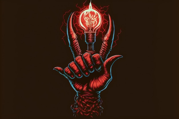 Żarówka ze świecącymi diabelskimi rogami gestem ręki w ciemnym tle Koncepcja fantasy Malarstwo ilustracyjne Generative AI