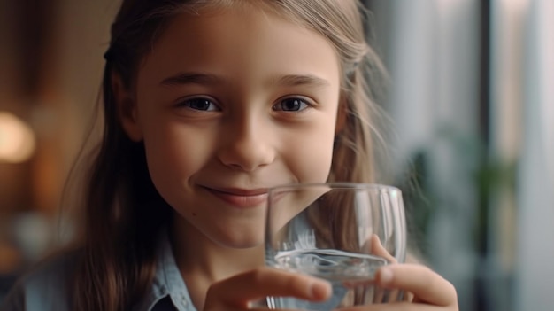 Żartująca dziewczyna trzymająca szklankę wody i uśmiechająca się Generatywna sztuczna inteligencja