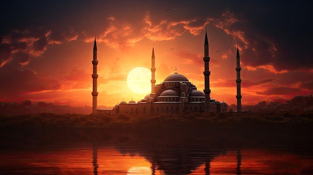 Zarys meczetu z minaretami o zachodzie słońca w Stambule