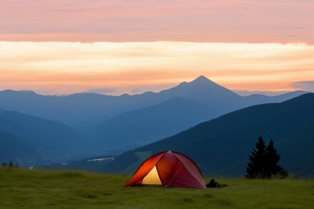 Żarzący pomarańczowy namiot w górach pod dramatycznym wieczornym niebem Czerwony zachód słońca i góry w tle Letni krajobraz