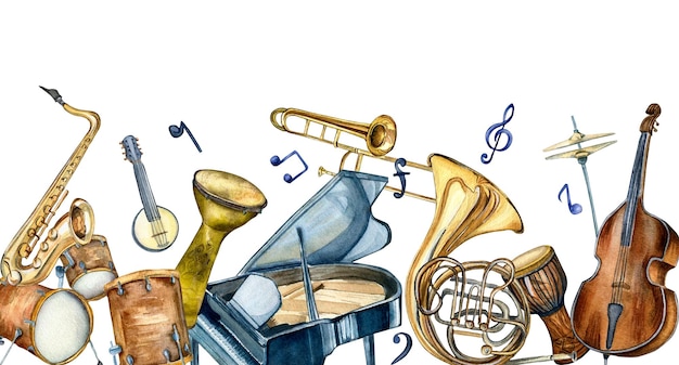 Zarząd jazzowych instrumentów muzycznych akwarela ilustracja na białym tle