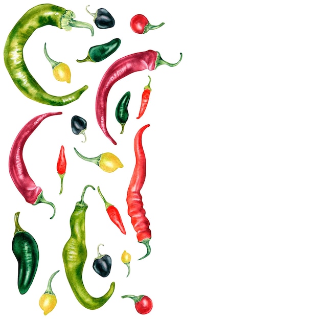 Zarząd różnych hot chili peppers akwarela ilustracja na białym tle