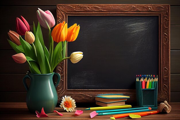 Zdjęcie zaskakujące tablica z przyborami szkolnymi i kwiatami tulipanów na rustykalnym generatywnym ai