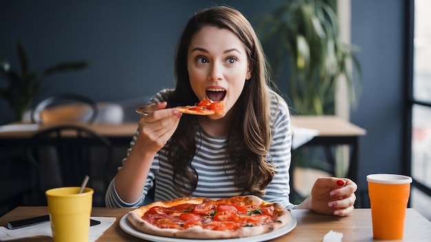 Zdjęcie zaskoczona dziewczyna jedząca pizzę z pomidorami