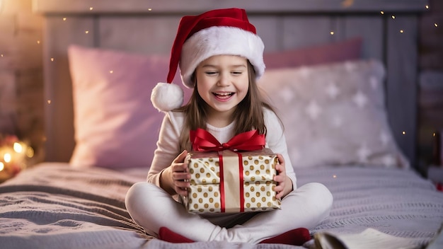 Zaskoczona dziewczynka w kapeluszu Świętego Mikołaja trzymająca prezent, siedząc ze skrzyżowanymi nogami w łóżku