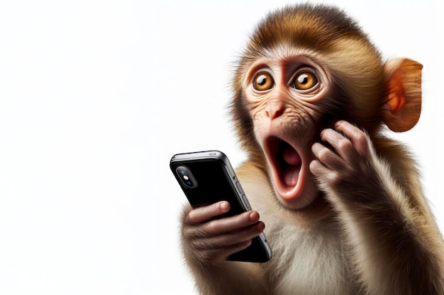 zaskoczona małpa rozmawiająca przez telefon komórkowy na białym tle