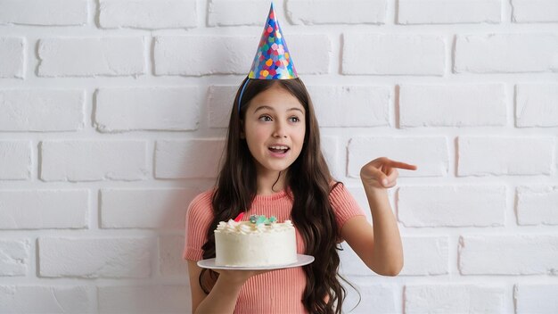 Zaskoczona młoda piękna dziewczyna w kapeluszu imprezowym trzymająca i wskazująca na tort izolowany na białej ścianie