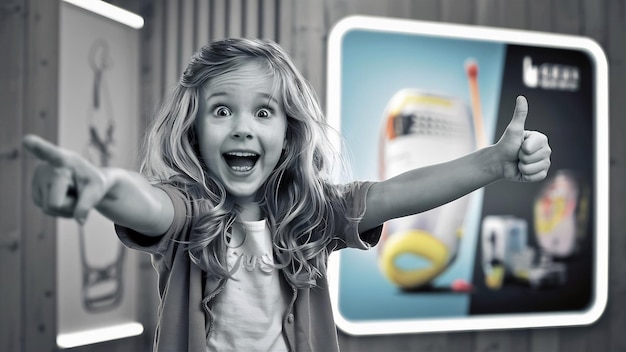 Zaskoczona szczęśliwa dziewczyna wskazująca w lewo polecam reklamę produktu zrób ok gest