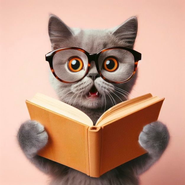 Zaskoczony kot w okularach trzymający otwartą książkę ai generatywną