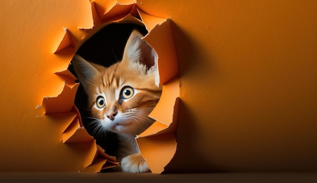 Zaskoczony kot w pomarańczowym otworze w ścianie Generacyjna sztuczna inteligencja
