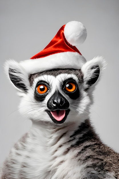 Zaskoczony lemur w kapeluszu Świętego Mikołaja z otwartymi ustami.
