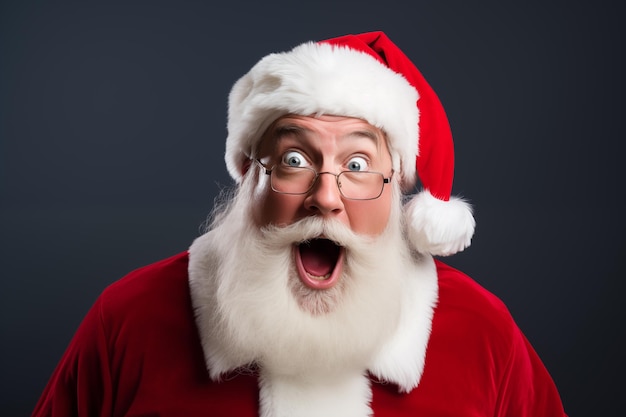 Zaskoczony Święty Mikołaj w okularach patrzący na kamerę Generacyjna AI