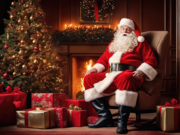 Zaskoczony Święty Mikołaj w pięknym pokoju obok kominka i choinki