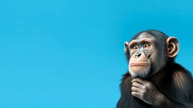 Zaskoczony szympans na niebieskim tle Zdjęcie wysokiej jakości