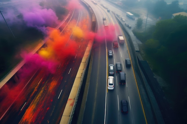 Zasłonięta mgłą autostrada zalana barwami