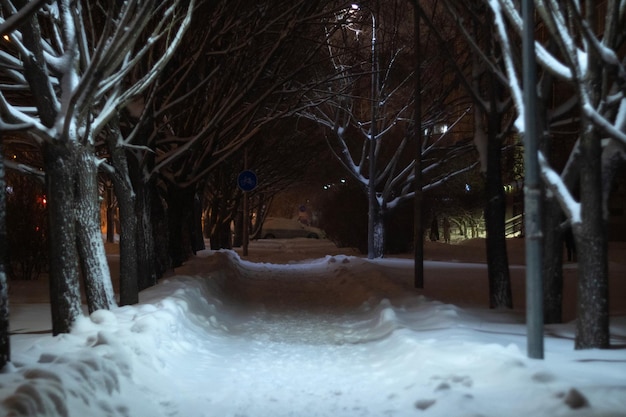 Zaśnieżona ulica miasta nocą spokojna atmosfera w śnieżną noc Selektywna ostrość