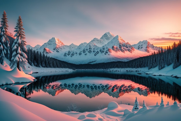 Zaśnieżone górskie jezioro z różowym niebem i pokrytymi śniegiem górami w tle.
