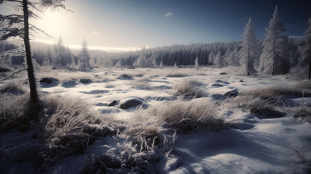 Zdjęcie zaśnieżone pole z pokrytym śniegiem polem i drzewami w tle.