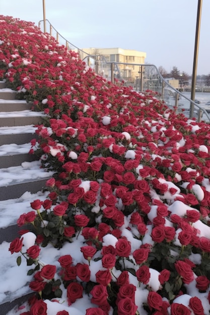 zaśnieżone schody prowadzące do rzędu czerwonych róż ze śniegiem generatywną ai
