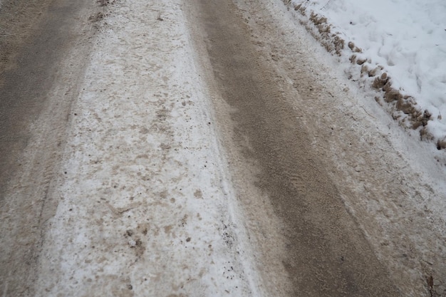 Zaspy na poboczu Zła pogoda i ruch uliczny Śnieg na asfalcie Trudne warunki jazdy Zimowa błoto pośniegowe na drodze Deszczowa pogoda Mroźne temperatury Prognoza pogody Lód i śnieg