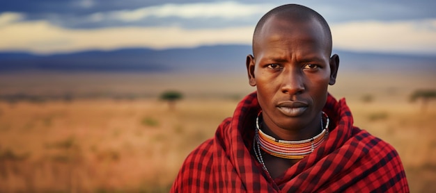 Zastanawiający się Masai w tradycyjnym czerwonym płótnie na sawannie