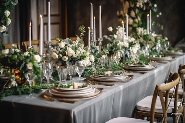 zastawa stołowa na przyjęcie weselne z obrusem i kwiatami.