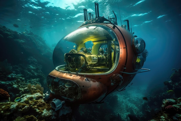 Zatapialny z widokiem na tętniące życiem dno oceanu stworzone za pomocą generatywnej sztucznej inteligencji